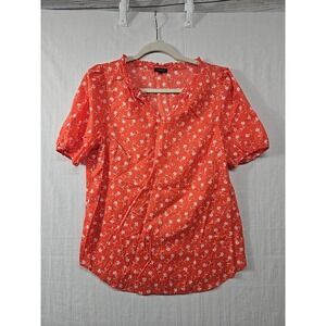 Talbots Women's Med Orange Short‎ Sleeve Floral Blouse Ruffle Cotton Lightweight